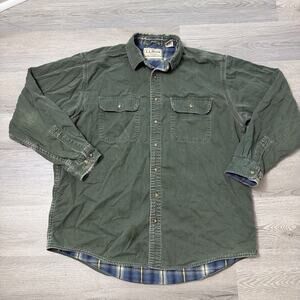 Vintage LL Bean Flannel Lined Canvas Button Up Green Shirt Jacket Large